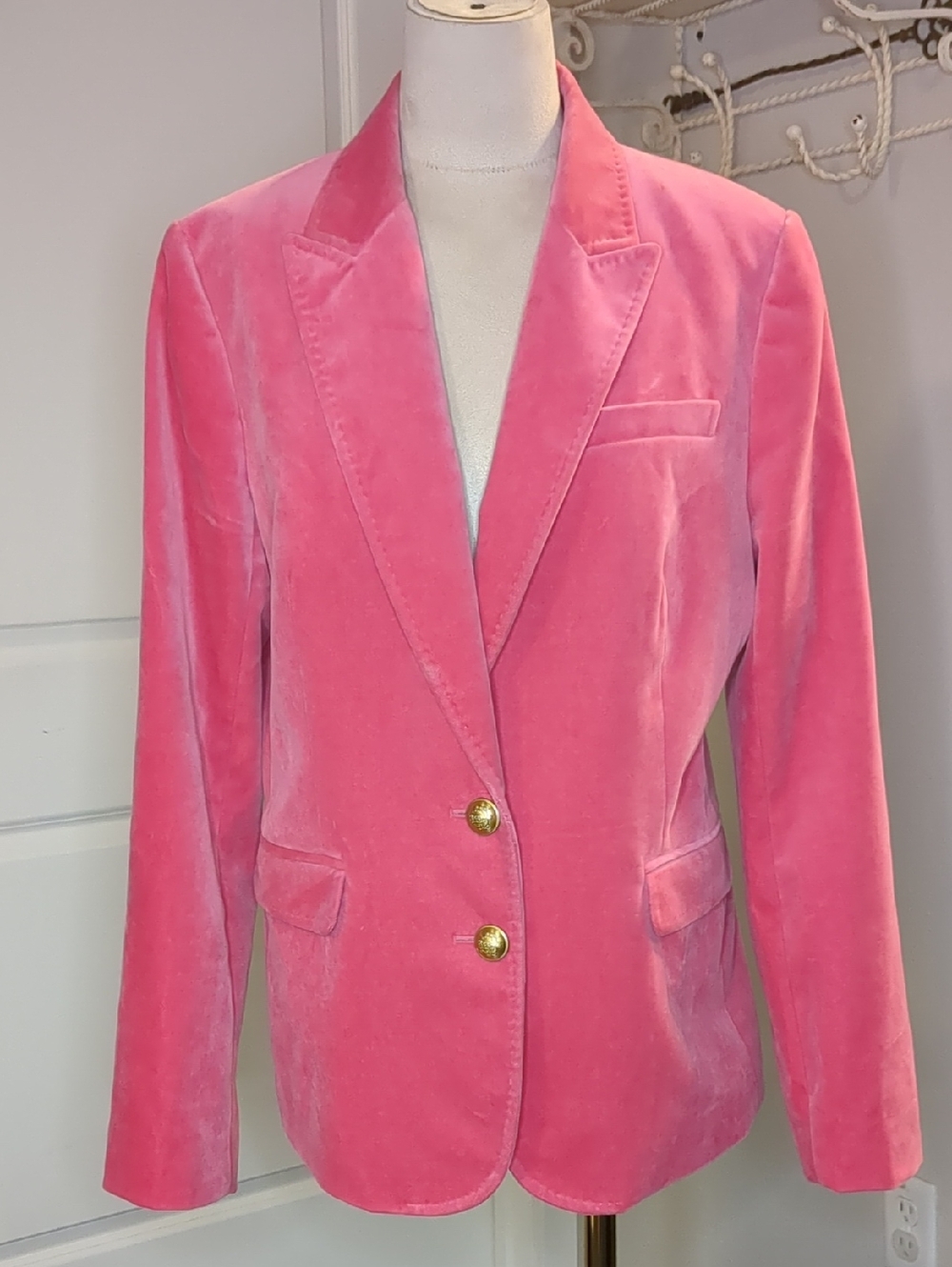 Y2K J Crew Barbie Pink Velvet Women's Blazer Jacket Old Money Gold Buttons SZ 12